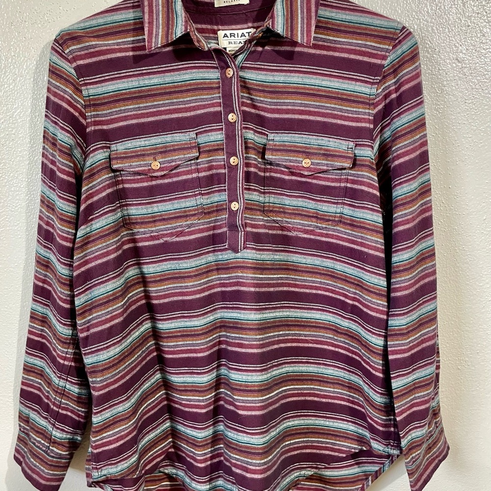 Ariat Medium Relaxed Fit Flannel Striped Western Shirt 1/2 Button Ranch Rodeo